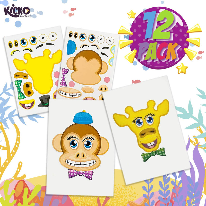 Kicko Make-a-Zoo Animal Sticker Sheets -12 Pack - for Kids, Arts, Parties, Birthdays