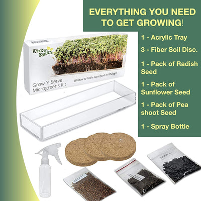 Window Garden Microgreens Grow Kit - Includes Microgreen Seeds (3 Crops), Fiber Soil