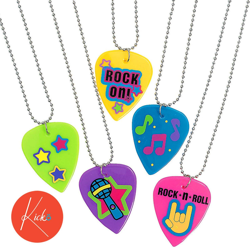 Kicko 12 Plastic Guitar Pick Necklaces - 24 Inch Metal Beaded Chain - 2 Inch Pendant