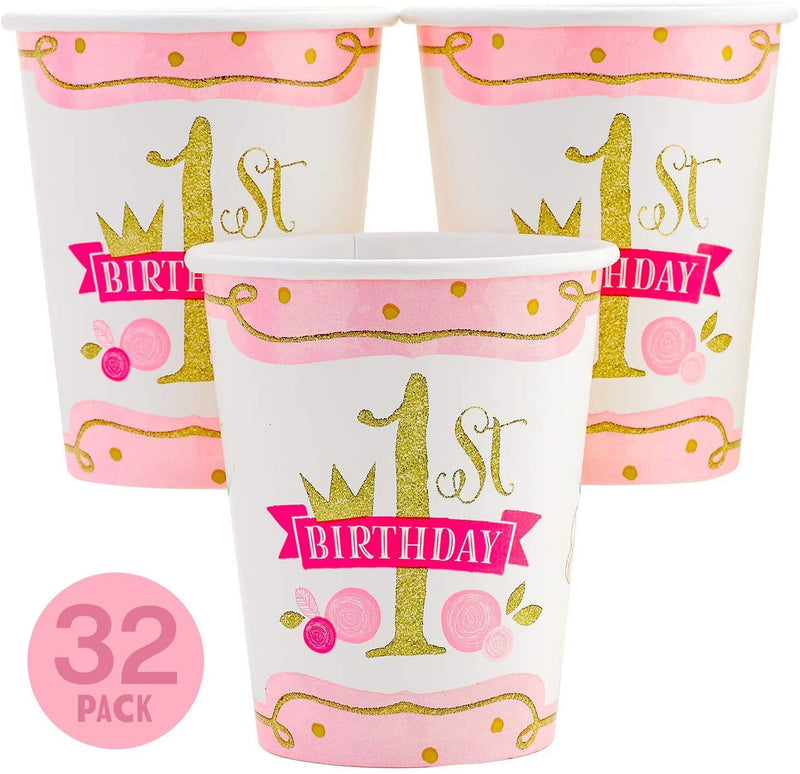 Kicko Paper Cups for First Birthday - 32 Pack, Pink and Gold - 9 Ounces - Disposable