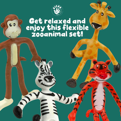 Kicko Bendable Toys - 12 Pack - 4 Inch Assorted Zoo Animals - for Stress Relief, Themed