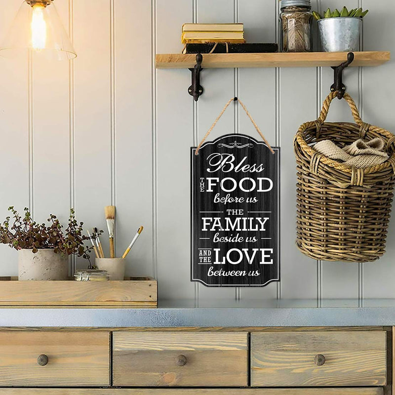 Bless Our Family Food Love Sign - Heart Warming Quote - Strong PVC w/ Rope for Hanging