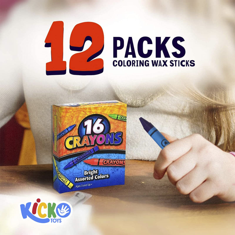 Kicko Crayon Set - 12 Packs with 16 Pieces Assorted Coloring Wax Sticks in Each Pack