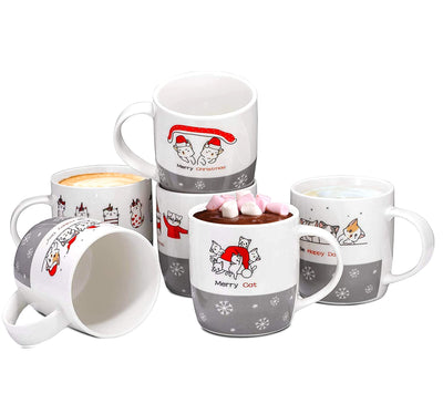 Christmas Coffee Mug Set Set of 6 Large-sized 14 Ounce Valentine Day Gifts Cats Theme