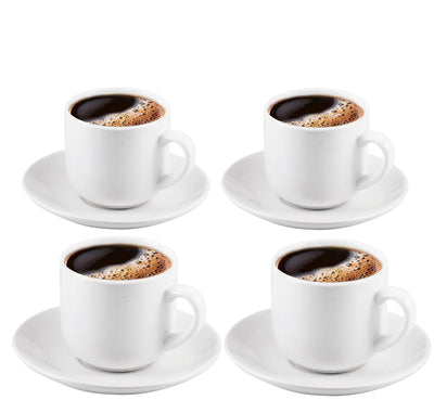 Espresso Cups with Saucers by Bruntmor - 4 ounce - Elegant White Ceramic, For Latte