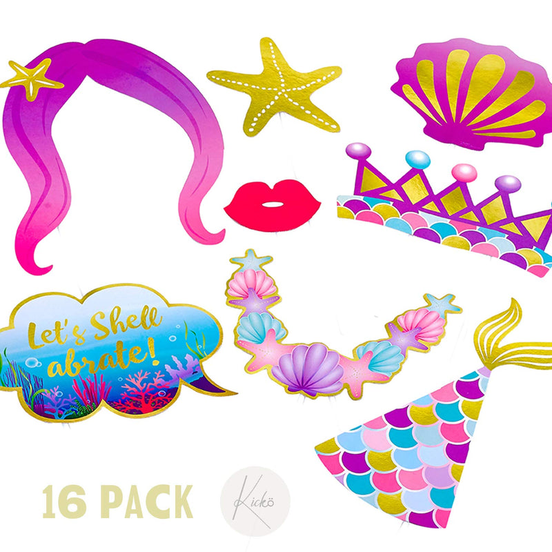 Kicko Mermaid Photo Props on Sticks - 16 Pack - Multiple Sizes - for Kids, Party Favors