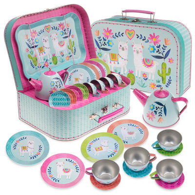 15 Piece Girls Pretend Toy Tin Tea Set Carrying Case Ballea