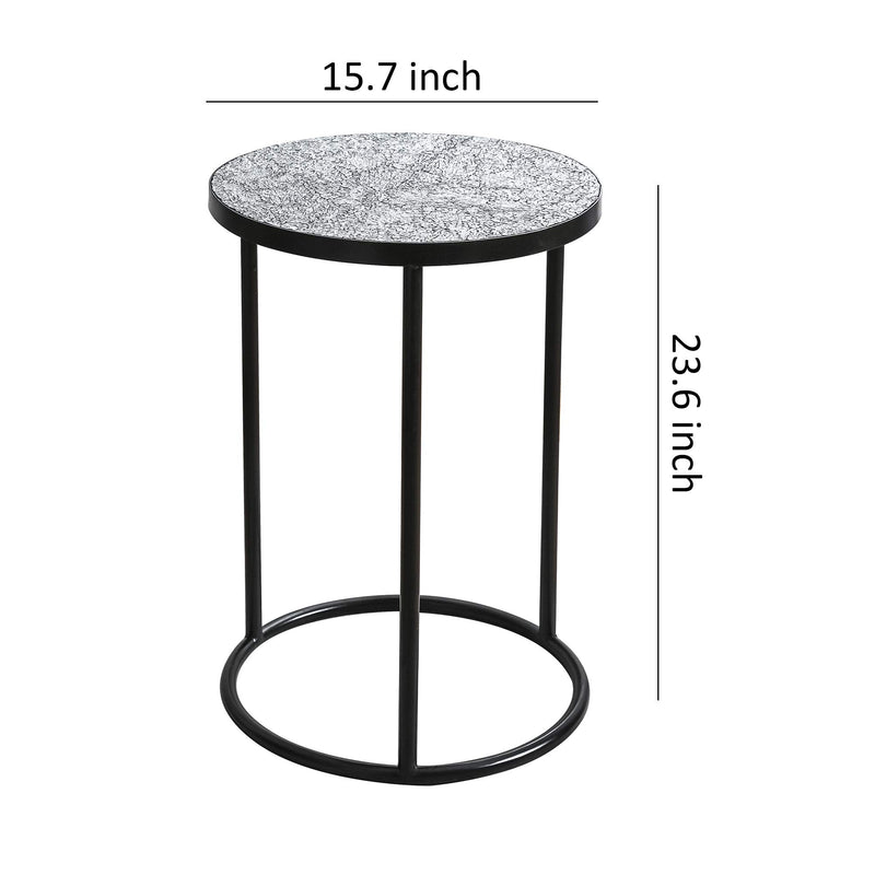 Mosaic Black Metal Round Side Table - Plant Stand - Bistro Table - Glass Top Indoor