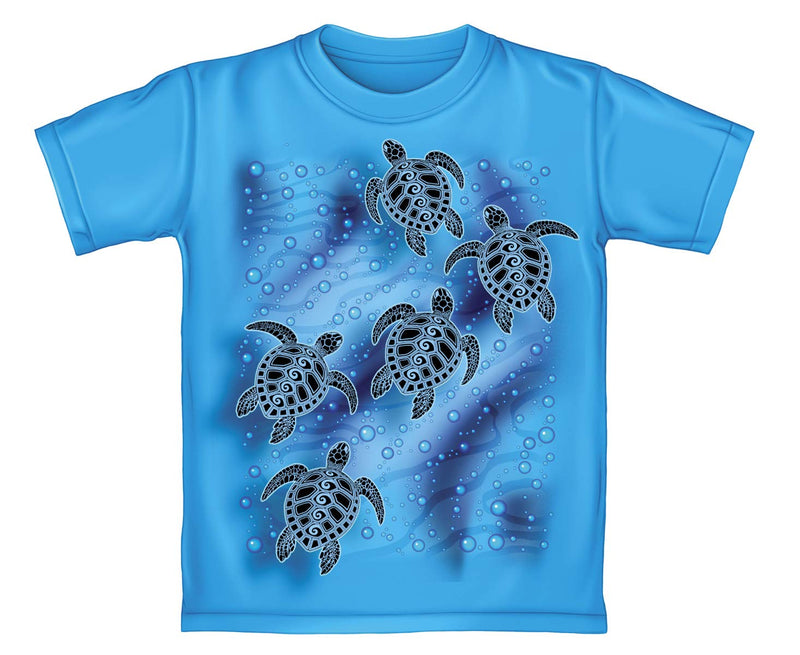 Tribal Sea Turtles Youth Turquoise Tee Shirt (Large 12/14