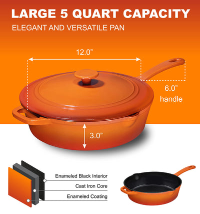 Enameled Cast Iron Skillet Deep Saut Pan with Lid, 12 Inch, Pumpkin Spice, Superior Heat