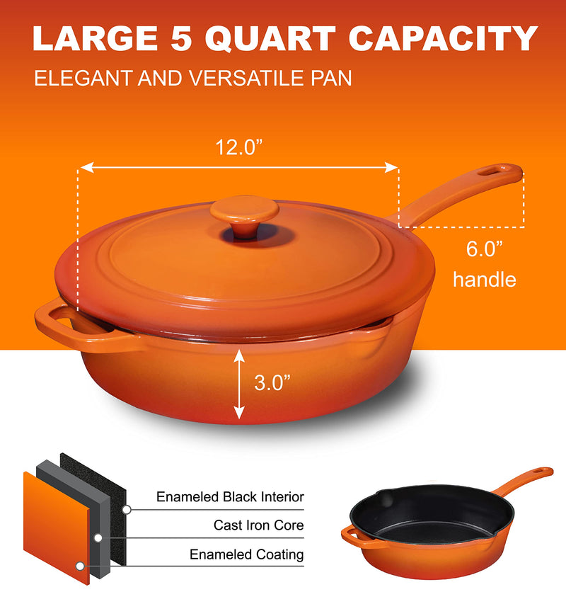 Enameled Cast Iron Skillet Deep Saut Pan with Lid, 12 Inch, Pumpkin Spice, Superior Heat