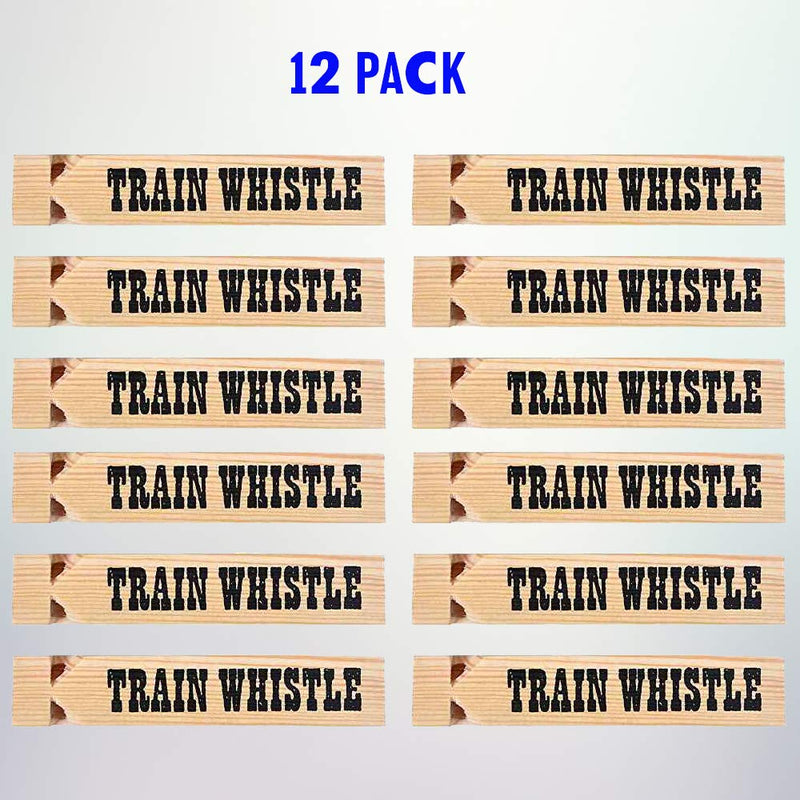 Kicko 12 Pack Wooden Train Whistles, 5.75 Inch - Printed On A Locomotive and Words Train