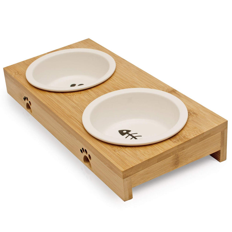 2x Cat Food Bowl For Feeding Station Made Of Bamboo - Ceramic Bowl - Cat Bowl