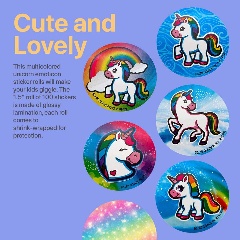 Kicko Unicorn Emoticon Sticker Rolls - 1.5 Inch Decal Stickers - 100 Pcs - Reward Stickers