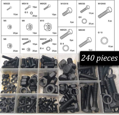 240 Piece Metric Nuts and Bolts Set  Black Oxide Finish Hex Head Bolts, Hex Nuts,