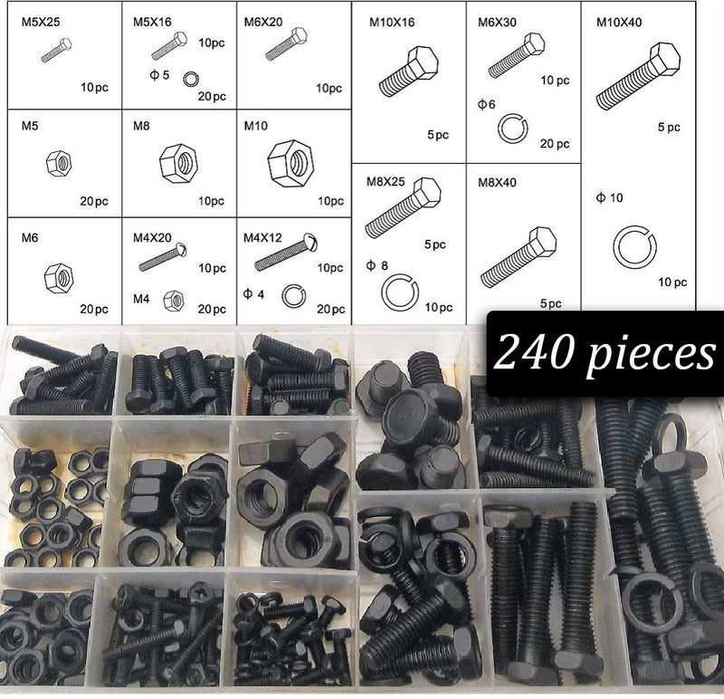 240 Piece Metric Nuts and Bolts Set  Black Oxide Finish Hex Head Bolts, Hex Nuts,