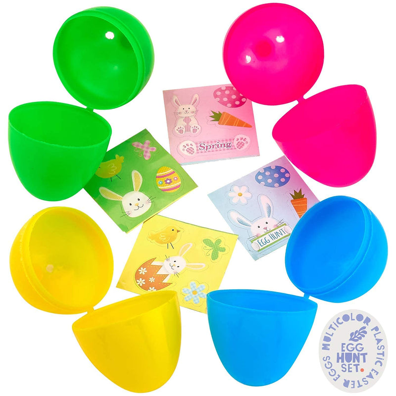 Kicko Plastic Easter Egg Hunt Set - 16 Pack Prefilled Eggs with Stickers - 4 Colors -