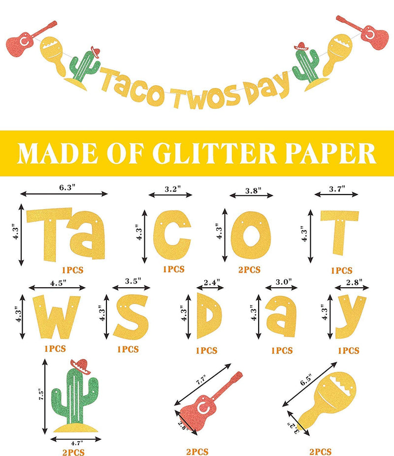 Taco TWOsday Birthday Decoration Taco Twosday Cactus Party Decorations, Gold Glittery TWO