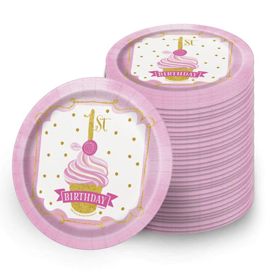 Kicko Pink and Gold First Birthday Paper Plates - 32 Pack - Disposable Dessert Accessories