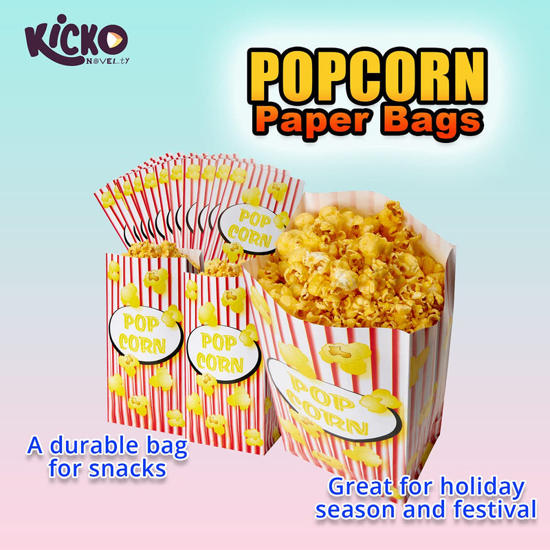 Kicko Paper Popcorn Bags - 96 Pack - Decorative and Biodegradable Snack Serving Bag -