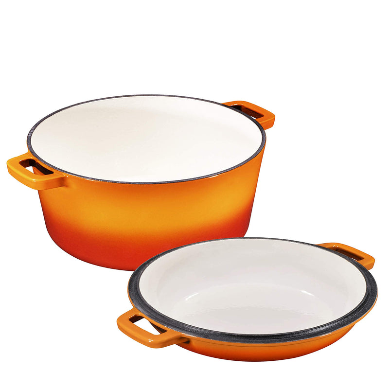 Bruntmor Pre-Seasoned 2 In 1 Cast Iron Pan 5 Quart Double Dutch Oven Set and Domed 10 inch