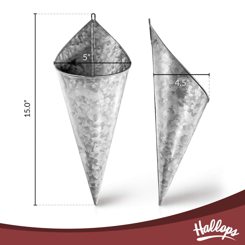 Hallops Galvanized Wall Planter - Two (2) Cone Metal Hanging Vase Container. Farmhouse