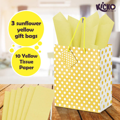 Kicko Sunflower Yellow Dot Gift Bags with Tissue Paper - 13 Pieces - 9 Inches - for Party