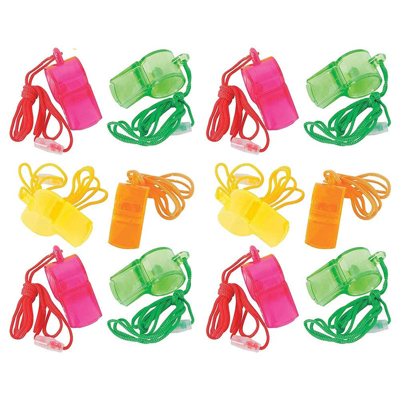 Kicko Plastic Transparent Whistles with Nylon Cord - 24 Pack - 2 Inch Whistle - 35 Inch