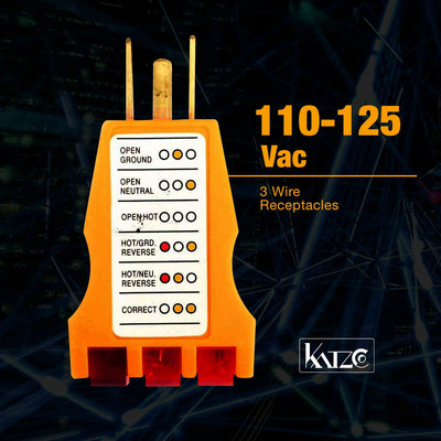 Katzco Receptacle Tester - Ideal for 110-125 Vac 3 Wire Receptacles. Tester Indicates Open