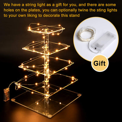 Pastry Stand 5 Tier Acrylic Square Cupcake Display Stand With Led String Lights, Dessert