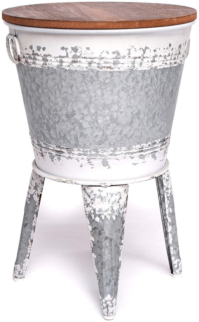 Farmhouse Accent Side Table - Galvanized Rustic End Table. Metal Storage Bin Wood Cover