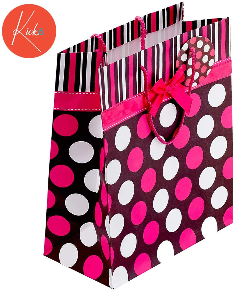 Large Pink Polka Dot Gift Bags With Bows - 3 Pack - 13 Inches - For Party Favors