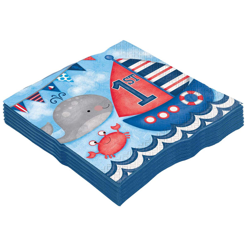 Kicko Nautical Blue First Birthday Paper Napkins - 64 Pack - 6.45 x 6.45 Inches