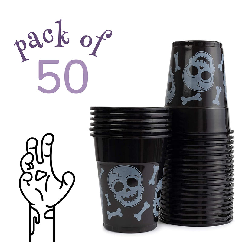 Bulk Pack Halloween Plastic Cups | 50 16 Oz Spooky Black and White Skull and Bone Design