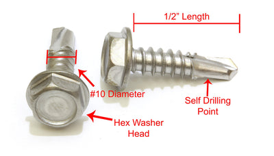 10 x 1/2" Stainless Hex Washer Head Self Drilling Screws, (100pc), 410 Stainless Steel