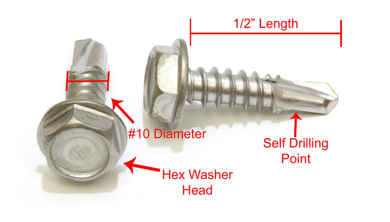 10 x 1/2" Stainless Hex Washer Head Self Drilling Screws, (100pc), 410 Stainless Steel