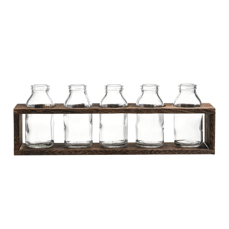 WHOLE HOUSEWARES | Glass Bud Bottles Vase Set with Wood Crate Stand (13.1X2.8X4.5in