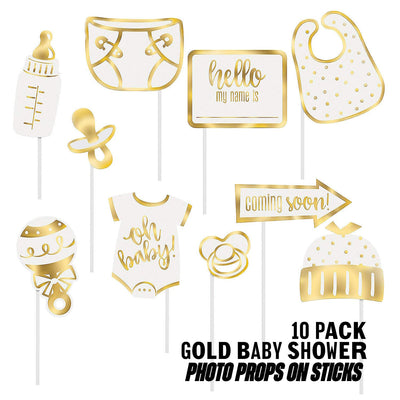 Kicko Gold Baby Shower Photo Props on Sticks - 10 Pack - for Kids, Party Favors, Stocking