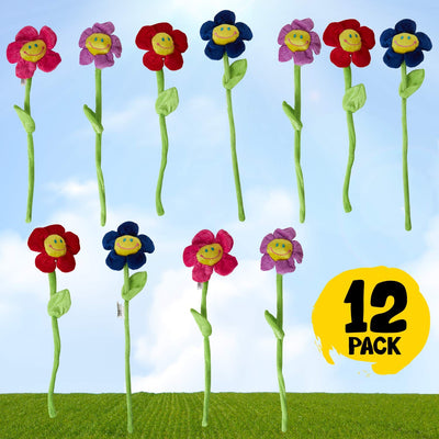 Kicko Smiling Daisy Plush - 12 Pack - 13 Inch Assorted Colors Sunflower Long Bendable Stem