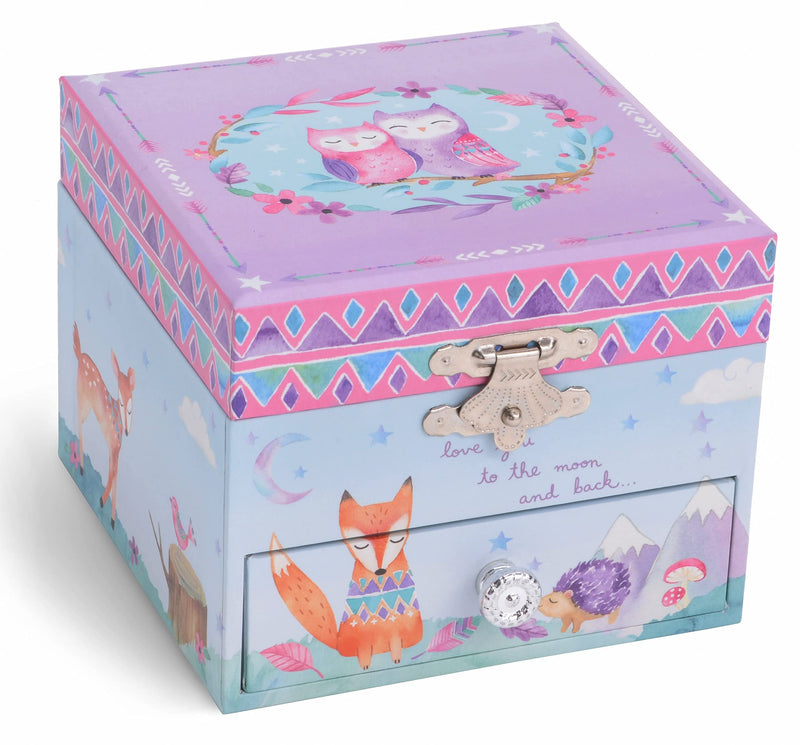 Jewelkeeper Musical Jewelry Box with Spinning Owls, Woodland Design with Pullout Drawer