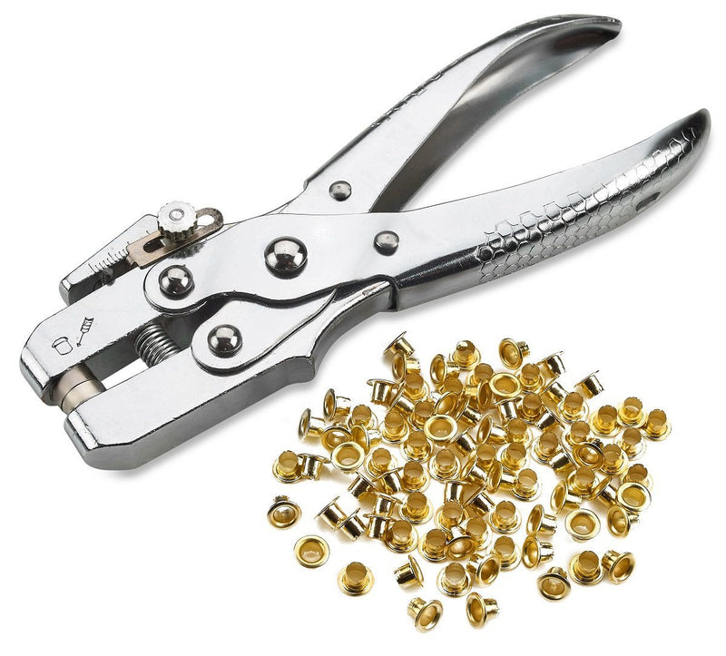 Katzco Eyelet Grommet Pliers Kit - 1 Hole Punch, 100 Gold Grommets - For Leather, Canvas