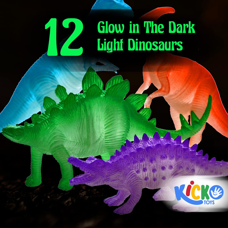 Kicko Glow in The Dark Dinosaurs - 12 Pack - Assorted Jurassic Toy Figure Collection