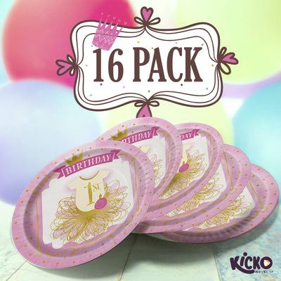 Kicko Pink and Gold First Birthday Paper Plates - 16 Pack - Disposable Dinner Accessories