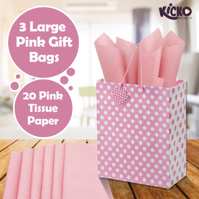 Kicko Large Pink Gift Bags with Tissue Paper - 23 Pieces - 13 Inches - for Party Favors