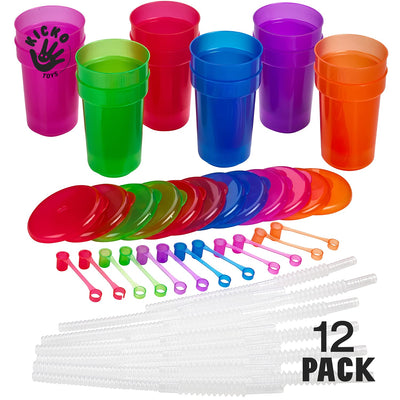 Kicko Neon Sipper Cups - 5.5 Inch - 12 Oz. - Colorful Neon Cups With Lids And Straws