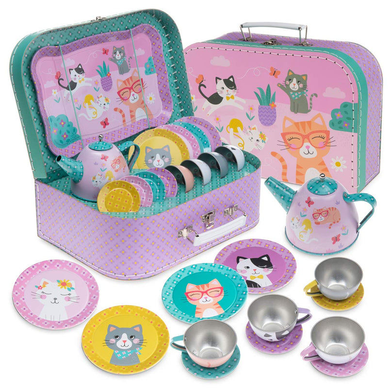 15 Piece Girls Pretend Toy Tin Tea Set Carrying Case Ballea