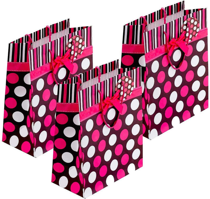 Large Pink Polka Dot Gift Bags With Bows - 3 Pack - 13 Inches - For Party Favors