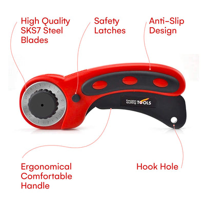 Precision Quilting Tools 45mm Deluxe Rotary Cutter with 3 Extra Blades (Red) - Fabric