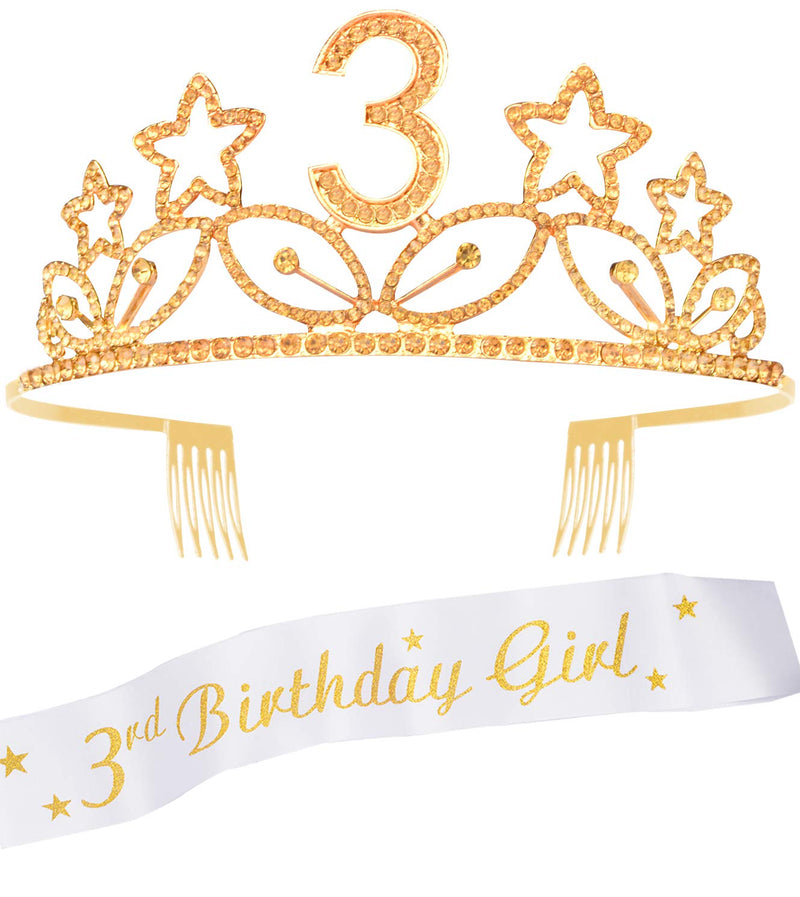 3rd Birthday Tiara and Sash gold, 3rd Birthday Gifts for girl, HAPPY 3rd Birthday Party