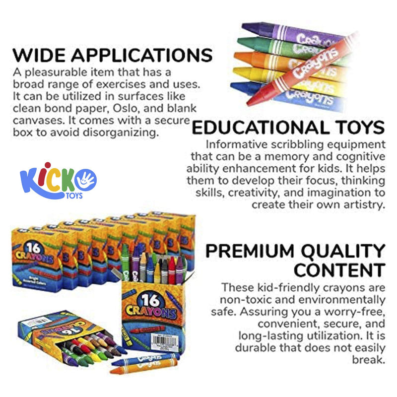 Kicko Crayon Set - 12 Packs with 16 Pieces Assorted Coloring Wax Sticks in Each Pack